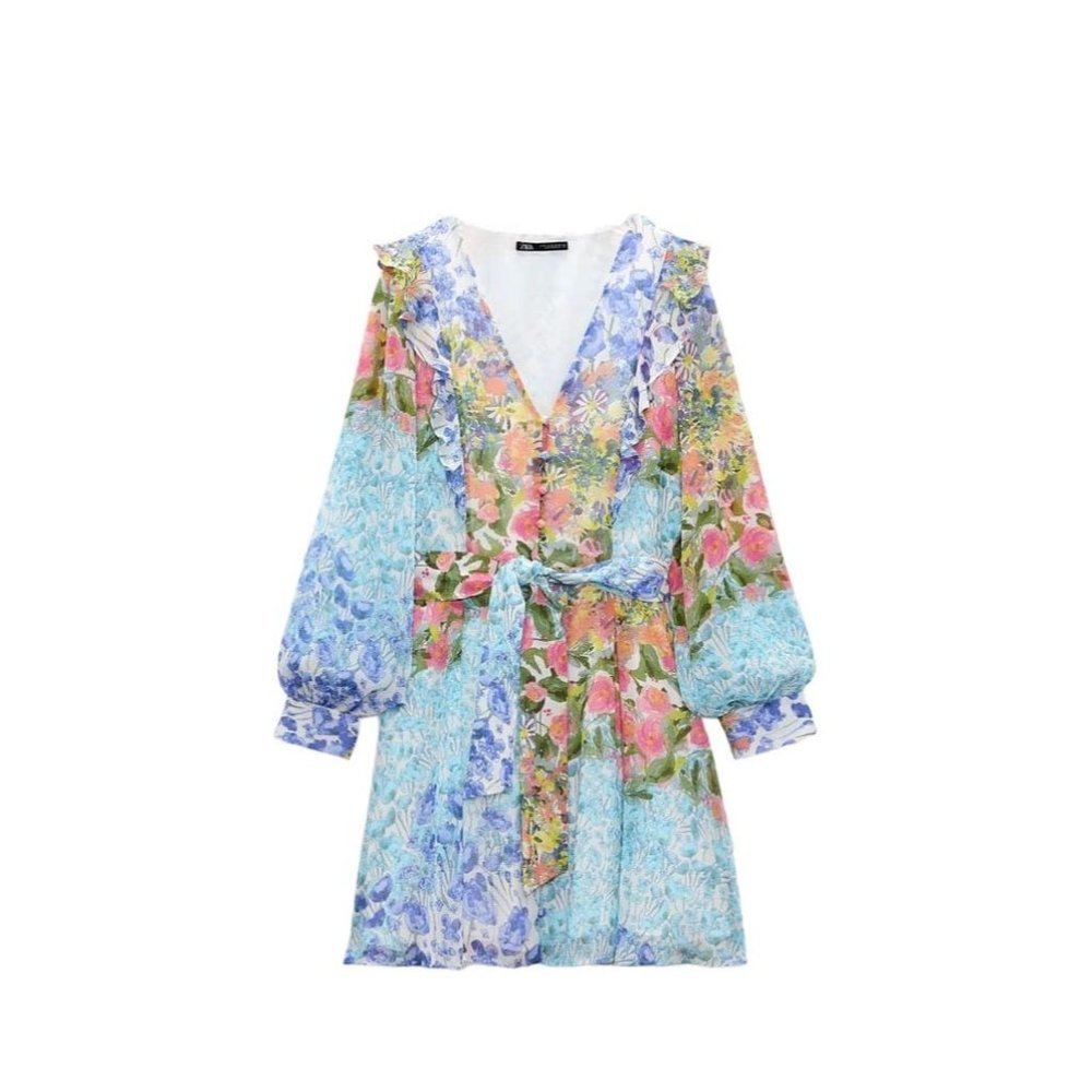Zara Floral Mini Dress in Pastel Blue, Pink, Green